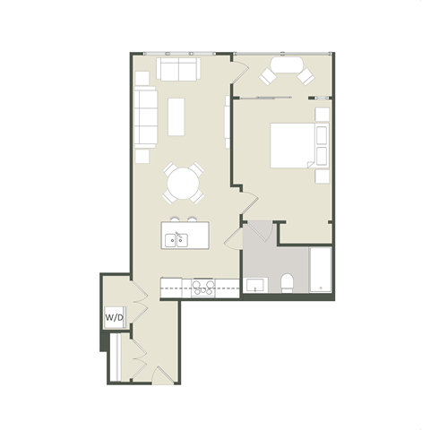 Floor plan for 1 bed, 1 bath, 683 sqft